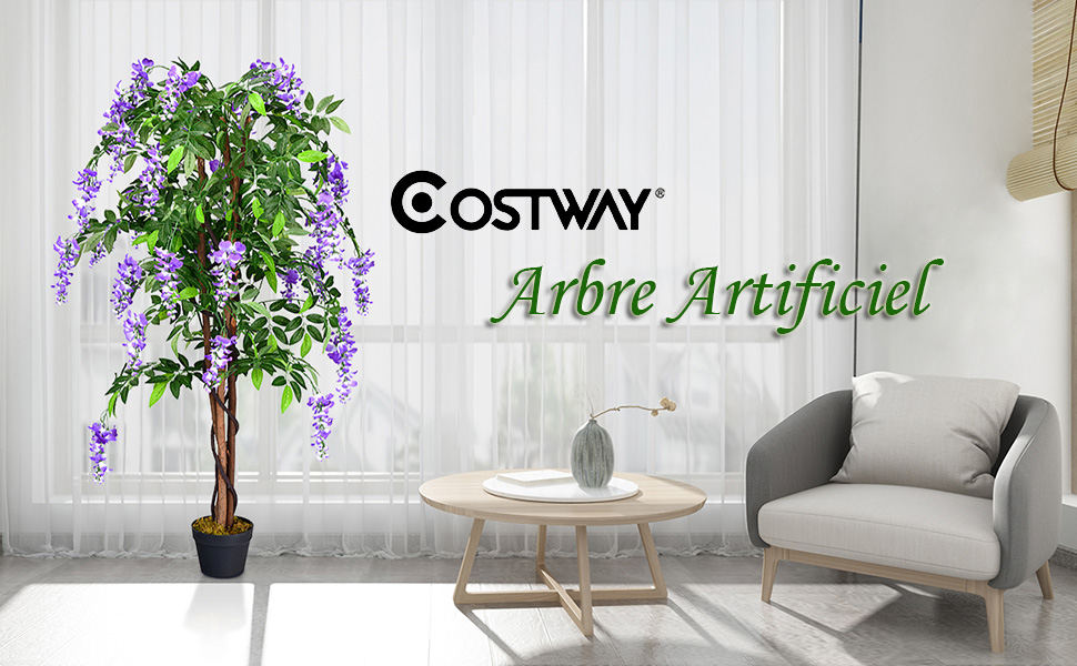 Plante Artificielle avec Fausses Fleurs Violetes 150cm Faux Arbre avec Pot Decoration Interieur ou Exterieur Wisteria