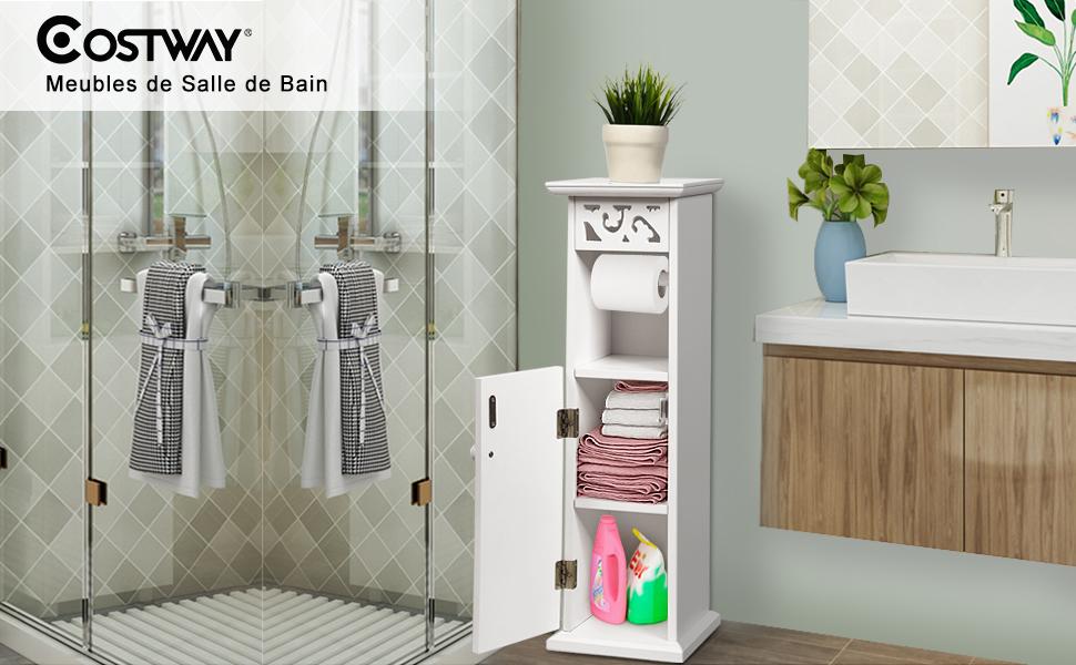 Armoire WC Meuble de Salle de Bain avec 1 Support Papier et 2 Tablettes de Rangement Blanc