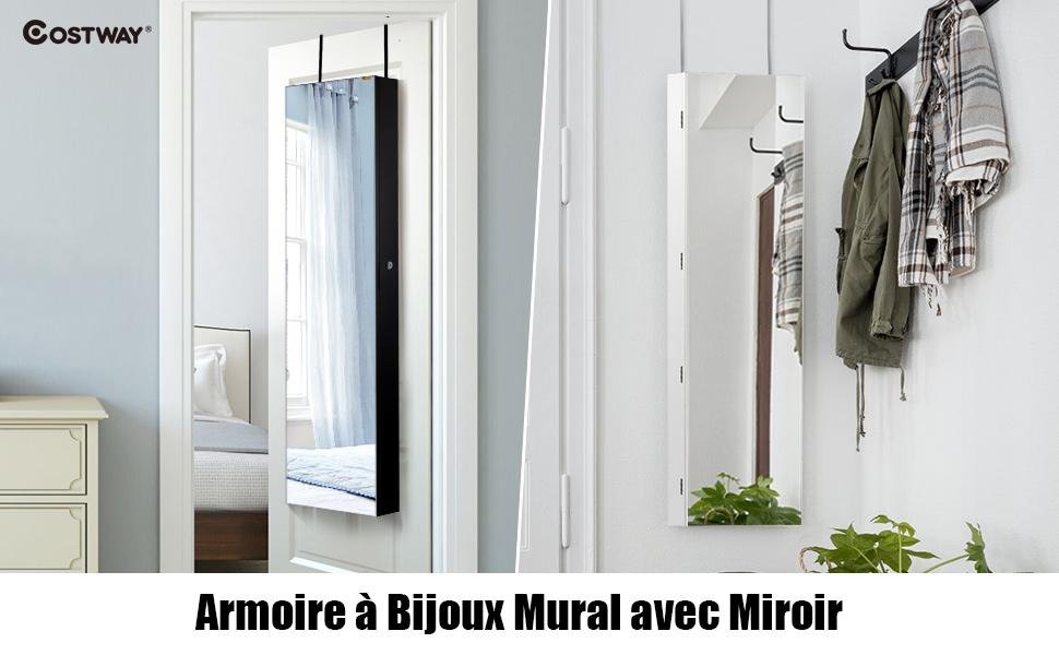 Armoire Bijoux de Rangement avec Miroir et Lumiere LED 120 x 36 x 10 cm Accrochee a La Porte Blanche