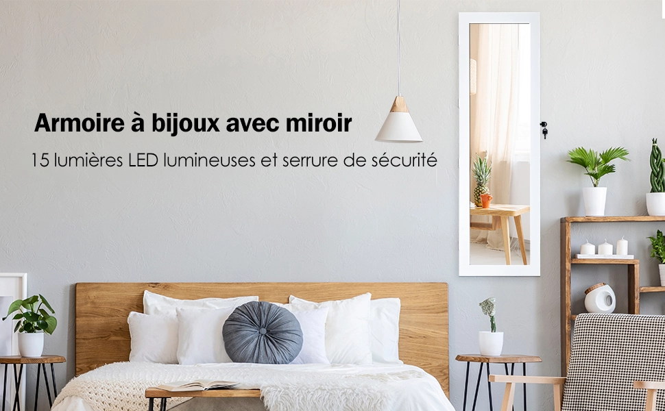 Armoire a Bijoux Mural avec Miroir et LED Accrochee a la Porte avec Serrure Verrouillable Blanc