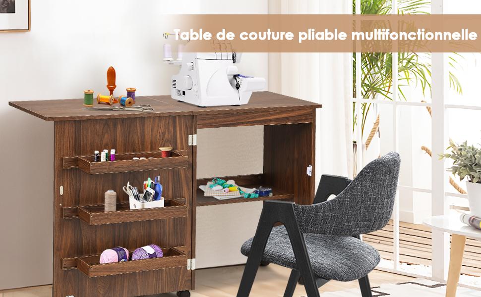 Table de Couture Pliante Meuble pour Machine a Coudre avec 3 Etageres Brun
