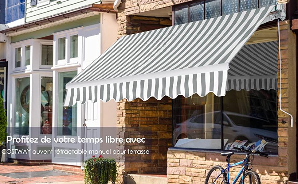  Store Banne Retractable 3 X 2,5M avec Tissu Resistant aux UV et a lEau Cadre en Aluminium pour Terrasse Balcon Noir Blanc