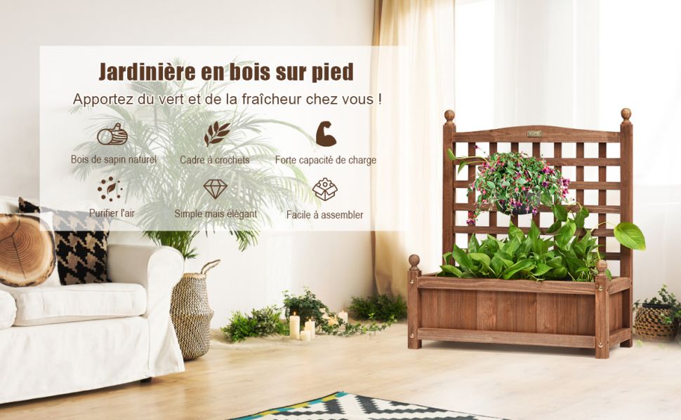 Relaxdays Jardinière en bois, avec treillis, brise-vue, H x L x P : 171 x  71,5 x 32 cm, balcon et jardin, blanche