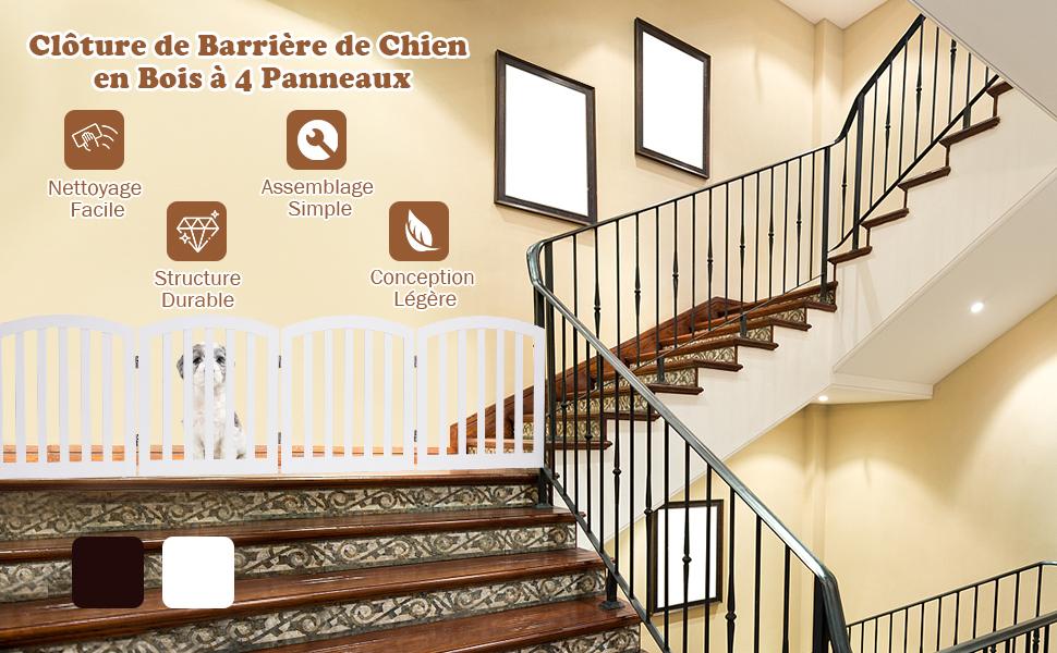 Barriere Securite pour Chien en Bois Pliable Autoportante 4 Pans 246 x 61CM Blanc