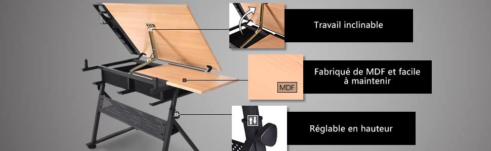 Table à dessin inclinable 2 tiroirs et tabouret vidaXL
