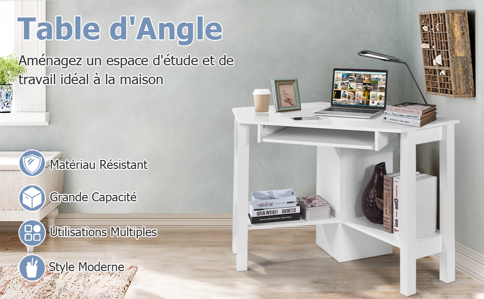 Bureau Informatique d'Angle Table d'Angle avec 2 Étagères et Tablette pour  Clavier en Bois, 120x60x76,5cm, Noir/Blanc - Costway
