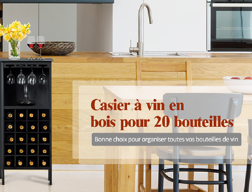 Casier a Vin en Bois Porte-Bouteille avec Cintre en Verre Capacite de 20 Bouteilles Noir