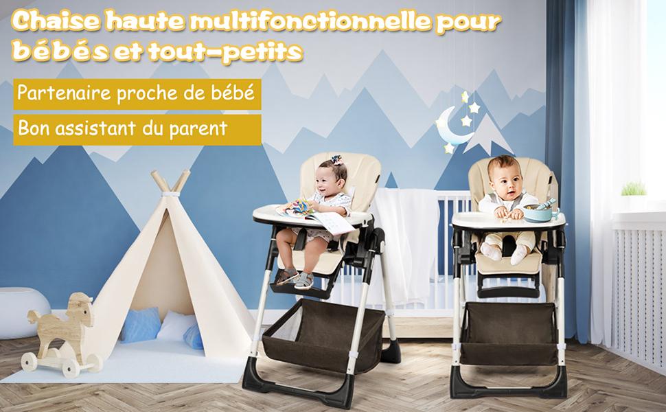Chaise Haute Bebe Pliable pour 0-5Ans Charge 15KG 6 Reglages en Hauteur Beige