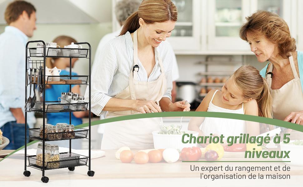 Chariot de Cusine a Roulettes Verrouillables avec Panier de Rangement a 5 Niveaux 43,5x26x104CM Noir