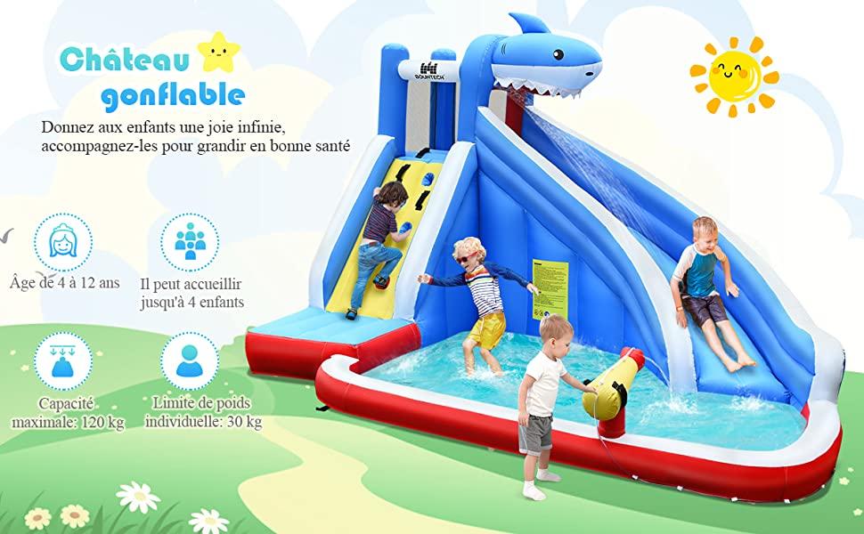 Château Gonflable pour 4 Enfants 4-12 Ans Piscine Mur dEcalade Tuyau Charge Max 120 KG (Souffleur non inclus)