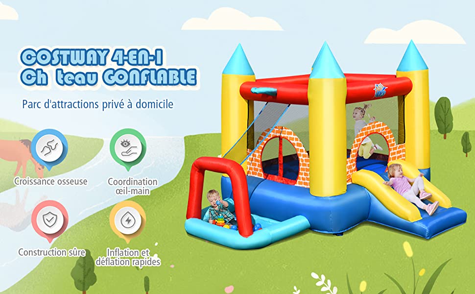 4 en 1 Aire de Jeux Gonflable pour 3 Enfants 3-10 Ans avec Toboggan 30  Ballons 300x280x210CM - Costway