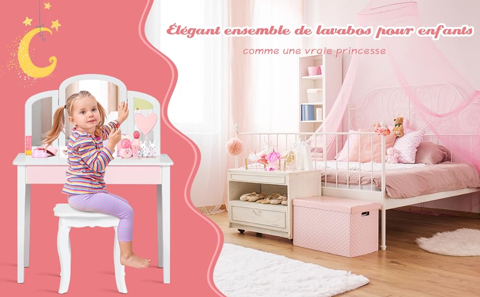 Coiffeuse Enfant Princesse COSTWAY - Bois Rose, Miroir Amovible, Tiroir, Tabouret Inclus
