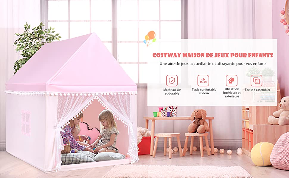 Tente de Jeu Enfant Château Intérieur Cadre en Bois Couverture en Coton Rose  - Costway