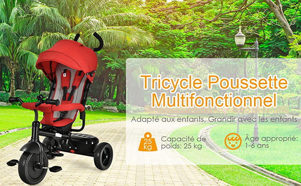 Costway-Tricycle-Evolutif-4en1-avec-Harnais-de-Securite-Auvent-Reglables-Garde-Corps-Amovible-pour-Enfant-Bebe-Mixte-1-6-ans-Rouge