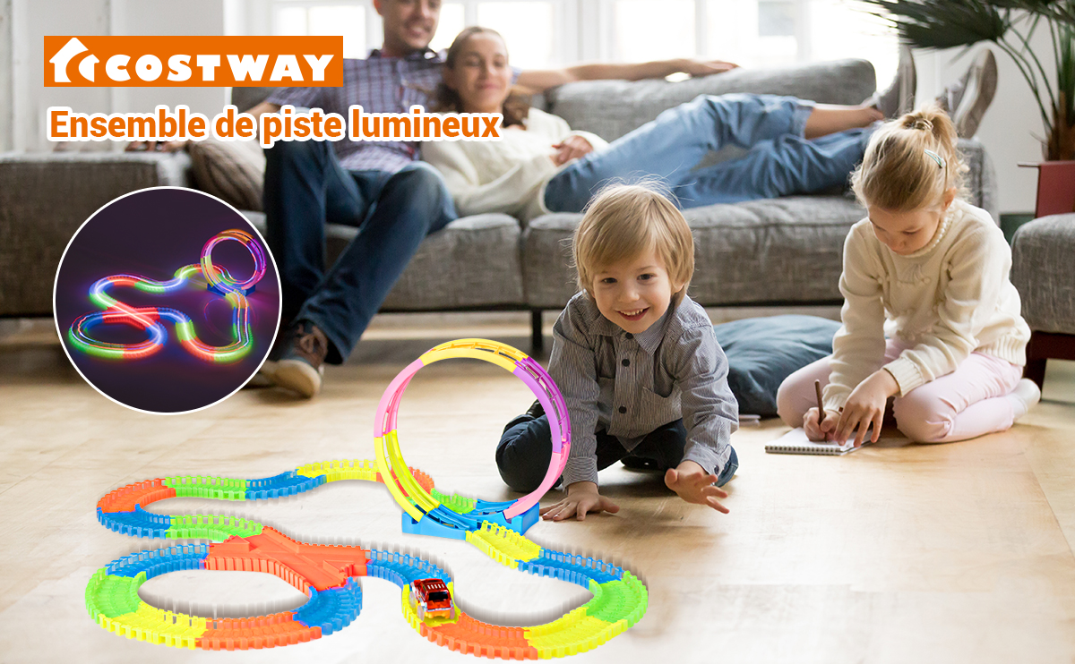 Costway ensemble de tracks magique circuit de voiture flexible et  lumineux,avec 366 rails et 1 voiture, jouet idéal pour enfant plus de 3 ans,  coloré - Conforama