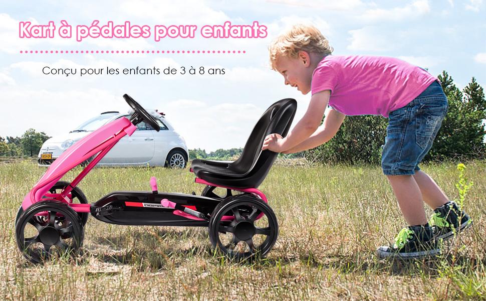 Kart a Pedales Go-Kart avec Siege Reglable Ergonomique et Frein a Main en Acier pour Enfants de 3 a 8 ans Rose