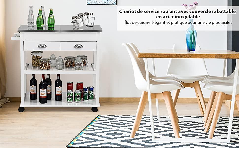 Desserte de Cuisine avec 2 Etageres 2 Tiroirs 1 Plateau en Acier Inox Rabattable et 1 Porte Serviette 87,5x 40 x 82 CM Blanc