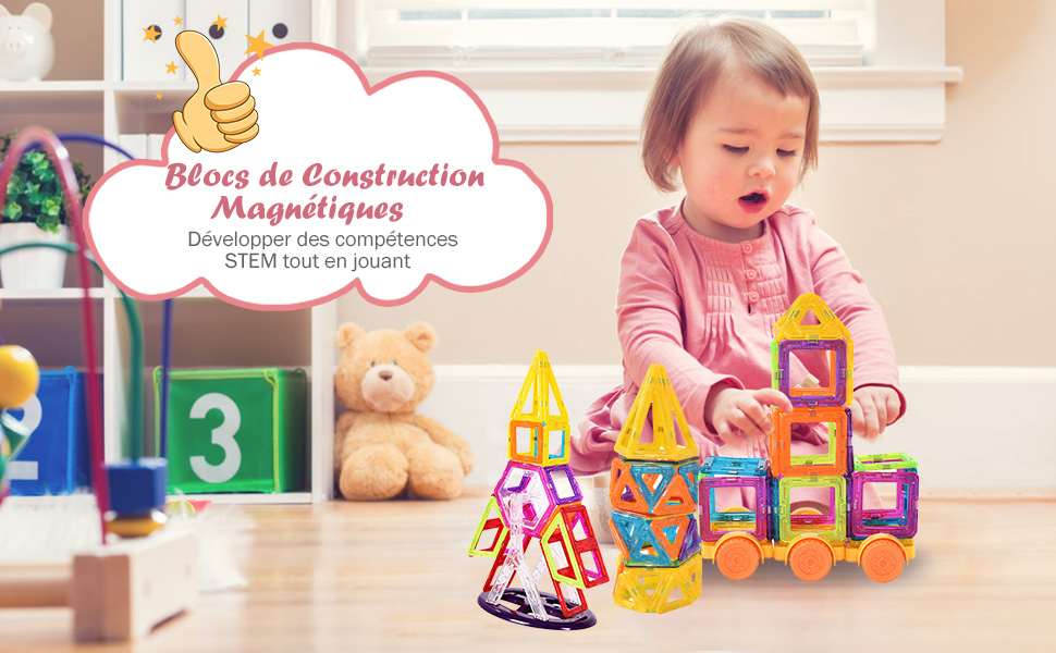 Blocs de construction magnétiques 158 pièces Jeux de construction aimanté  Jouets éducatifs pour enfants, en ABS, 3+ans - Costway
