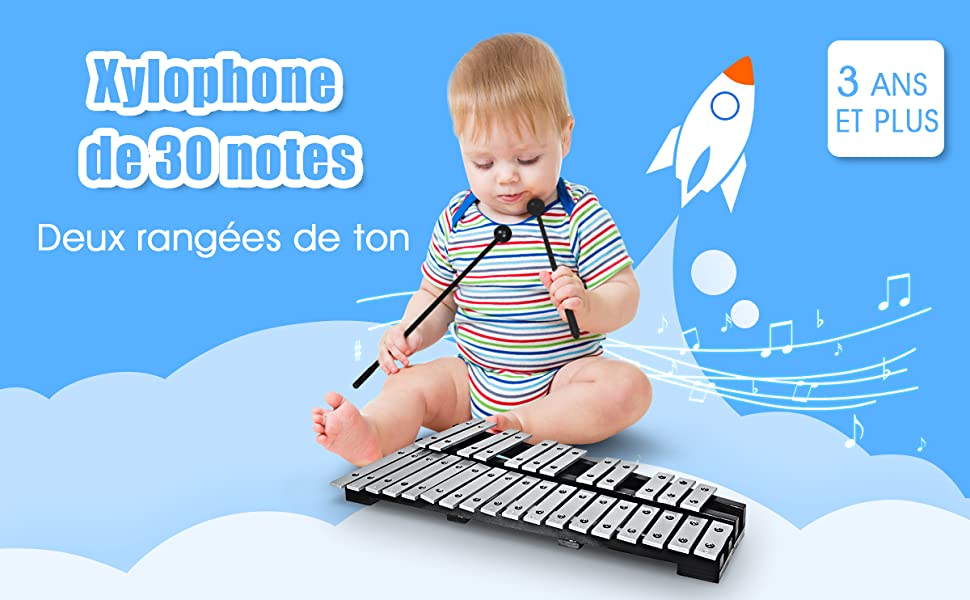30 Note Glockenspiel Xylophone Cadre en Bois Barres en Aluminium avec Baguettes en Bois avec Sac