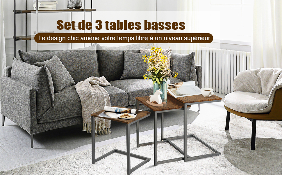 Lot de 3 Tables Basses Gigognes en Bois+Metal Style Vintage 50 x 35 x 55 CM Brun Fonce