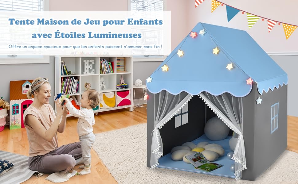 Giantex tente de jeux pour enfants intérieur avec coussin rembourré  amovible, cabane enfant avec fenêtres en maille respirante, motif décoratif  coloré,cadeau pour tout-petits plus de 1 ans bleu - Conforama
