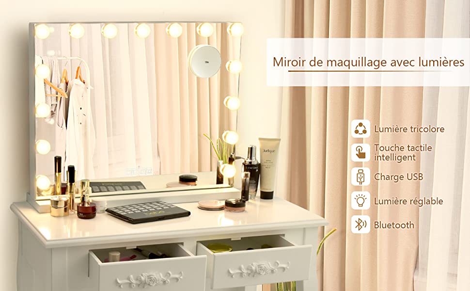 Miroir Mural avec Eclairage LED a Commande Tactile avec Grossissement 10X Haut-Parleur Bluetooth