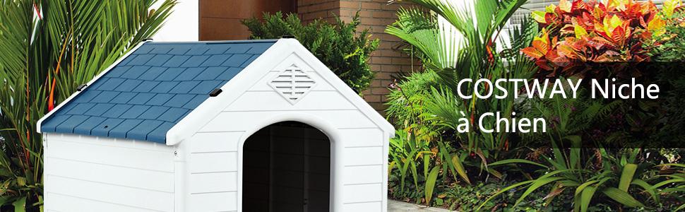 Niche pour Chien en PP avec Toit Bleu+Blanc Impermeable et Ventile-Bouche dAeration et Plancher Surelever 70x65x71,5CM