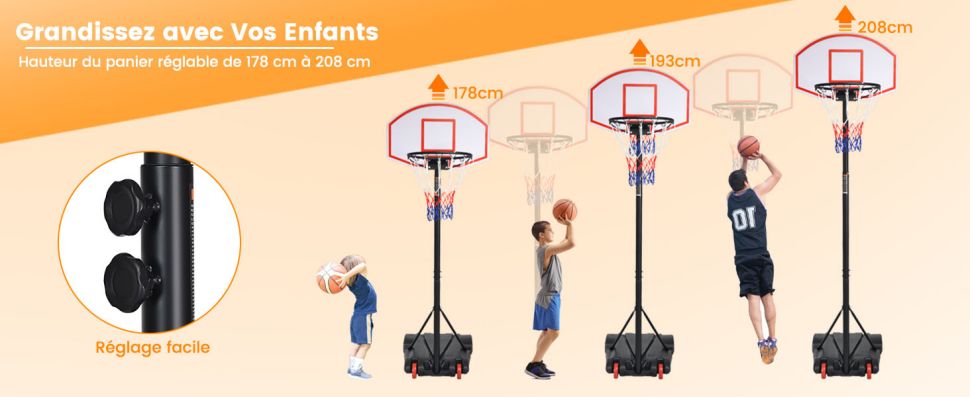 COSTWAY Panier de Basket sur Pied-Hauteur Réglable 178-208cm-Base de  Lestage sur Roulettes en Acier PE