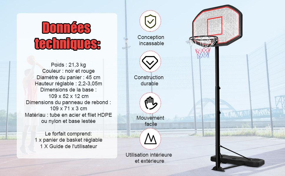 Panier de Basket sur Pied Réglable Mobile avec Roues Hauteur 220-305 cm