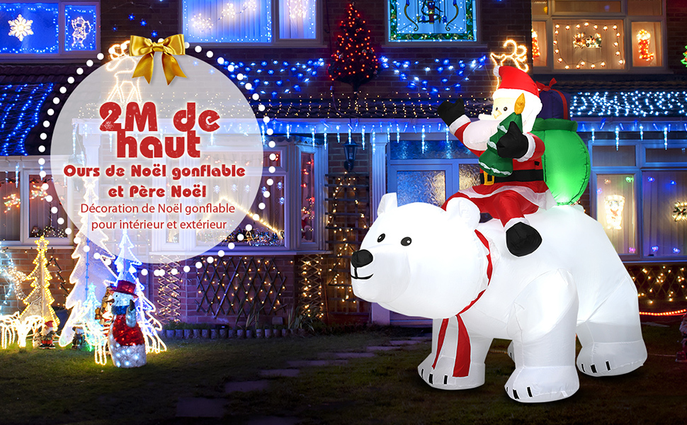 Costway 2m Père Noël Gonflable Sur L'ours Polaire Blanc Tête Oscillante  Avec Ventilateur à Prix Carrefour
