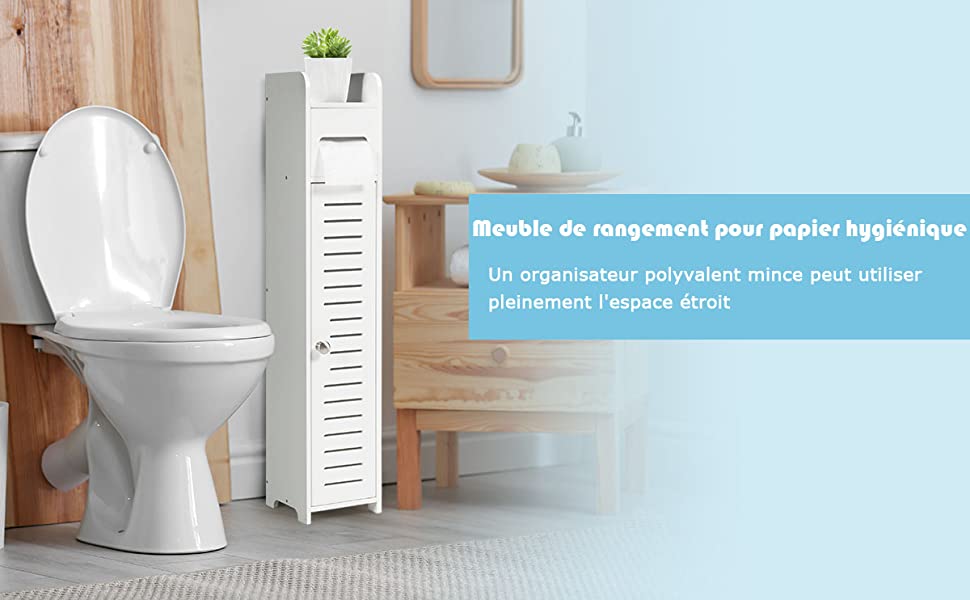  Porte-Papier Toilette Rangement WC Armoire de Salle de Bain Sur Pied en MDF Blanc 15 x 17 x 80 CM