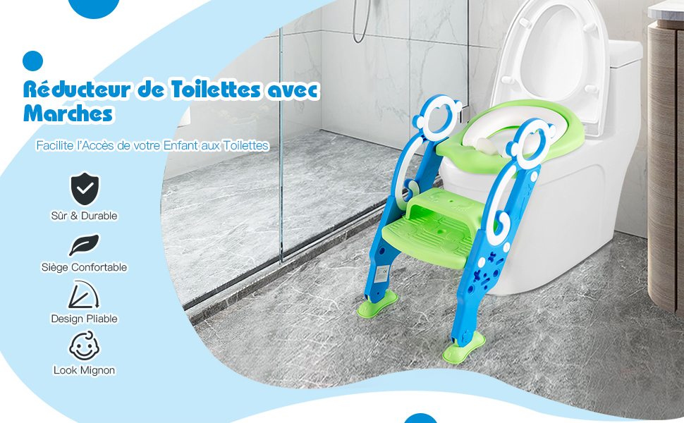 Siège de Toilette pour Enfants Pliable et Hauteur Réglable en PP&PVC  Convient aux Enfants 1-8 Ans Vert+Bleu - Costway