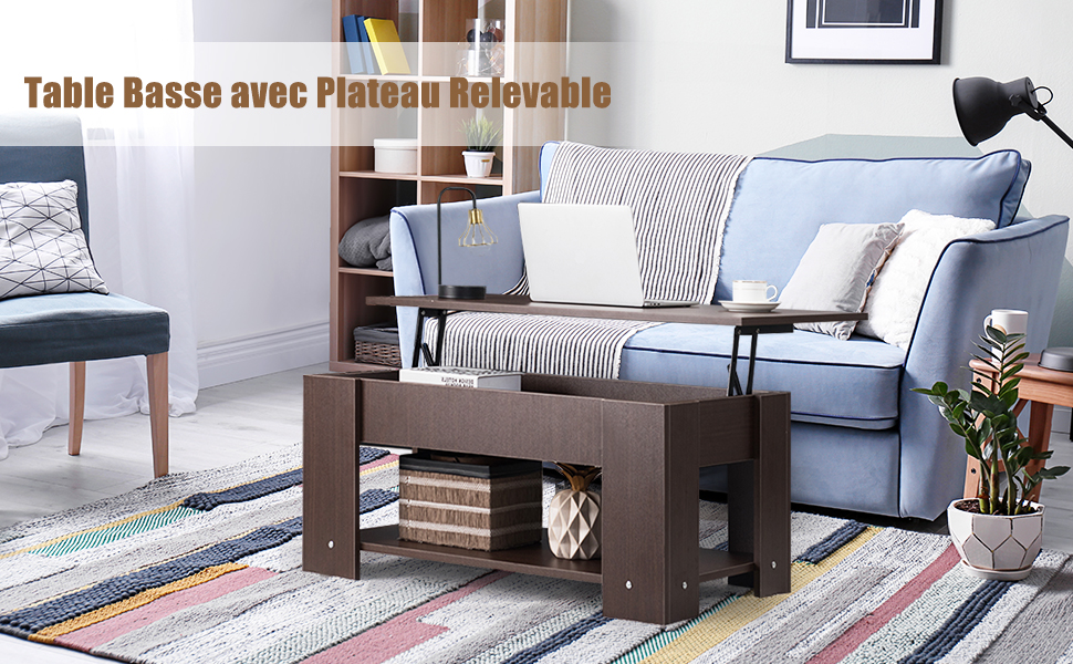 Table Basse avec Plateau Relavable et 1 Etagere pour Rangement Style Moderne 98 x 51 x 42 CM Brun