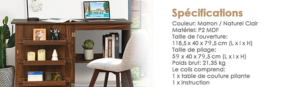 Table de couture pliante meuble pour machine à coudre avec 3 etagères  naturel 20_0001196