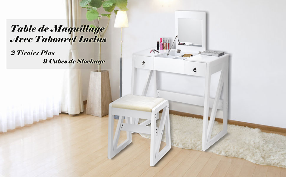 Coiffeuse Table de Maquillage Style Moderne avec Miroir et Grand Capacite de Rangement Blanc