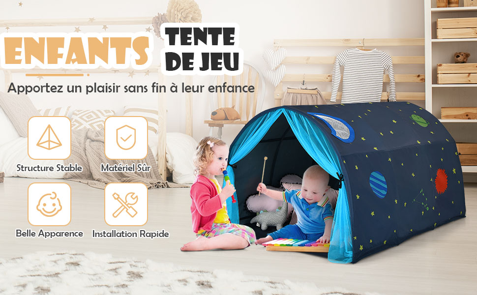 Tente de Lit Enfants Tente de Rêve Portable avec Double Rideau en Maille  Sac de Transport 144 x 102 x 82 CM Bleu - Costway