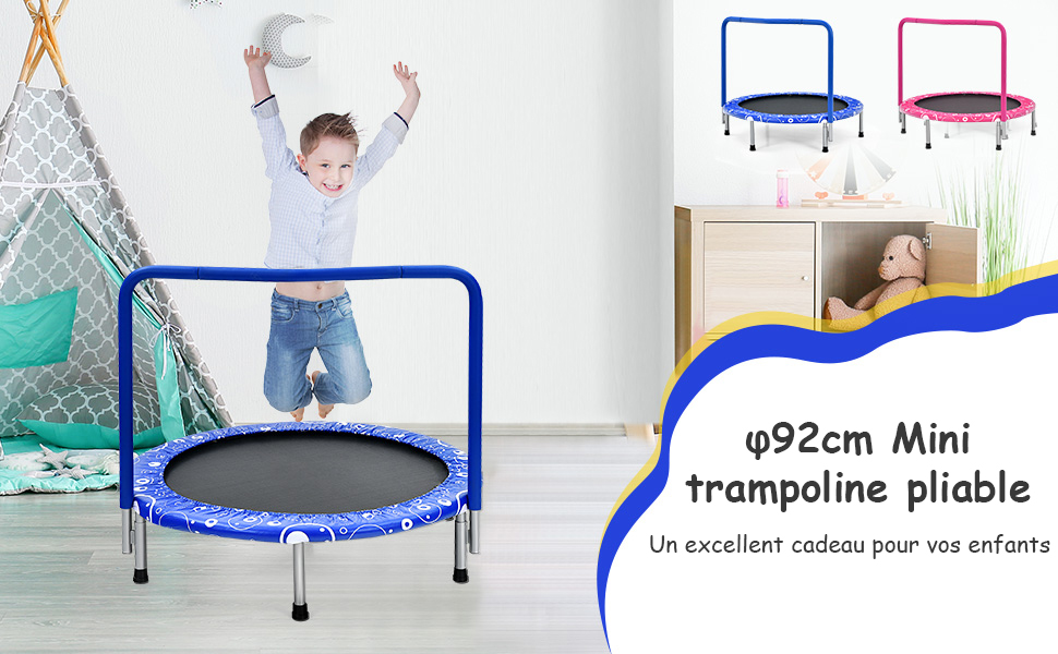 Trampoline pliable pour 2 enfants intérieur/extérieur avec main courante  ajustable coussin tapis de saut charge 150kg bleu - Conforama