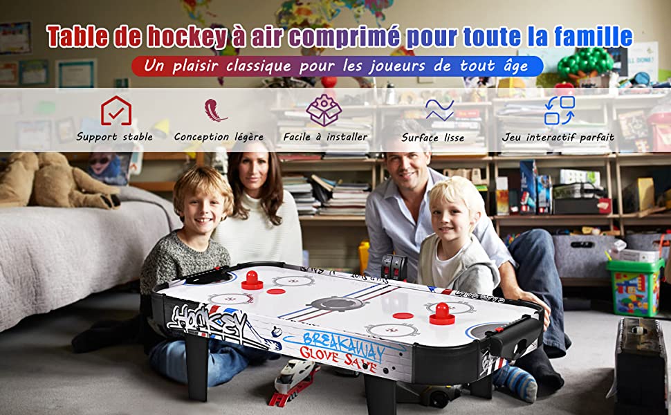Table dAir Hockey avec Compteur de Points Electronique 6W LED 2 Palets 2 Poussoirs 2 Cages de But Jeux dArcade pour Enfants