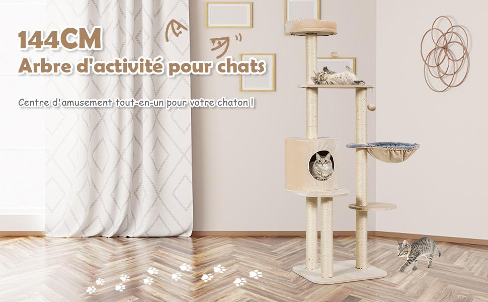 Arbre a Chat de 144 CM avec Griffoirs 2 Pompons Suspendus Hamac et Niche Centre dActivites pour Chats/Chaton Beige