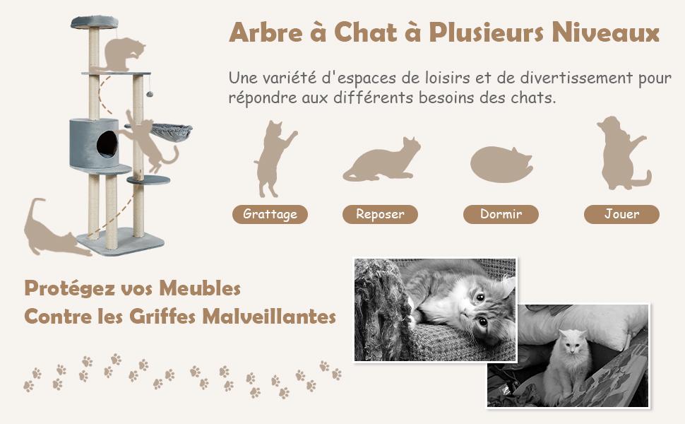  Arbre a Chat de 144 CM avec Griffoirs 2 Pompons Suspendus Hamac et Niche Centre dActivites pour Chats/Chaton Gris