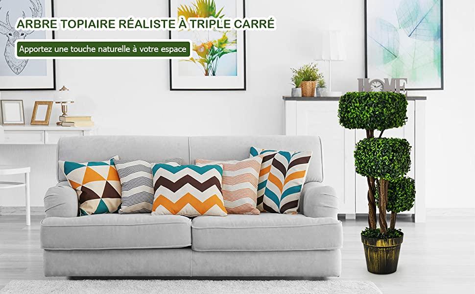 Arbre Artificiel 89 cm avec 3 Carres de Feuillage Encastrement avec Ciment Pot Dore et Rotin pour Interieur et Exterieur