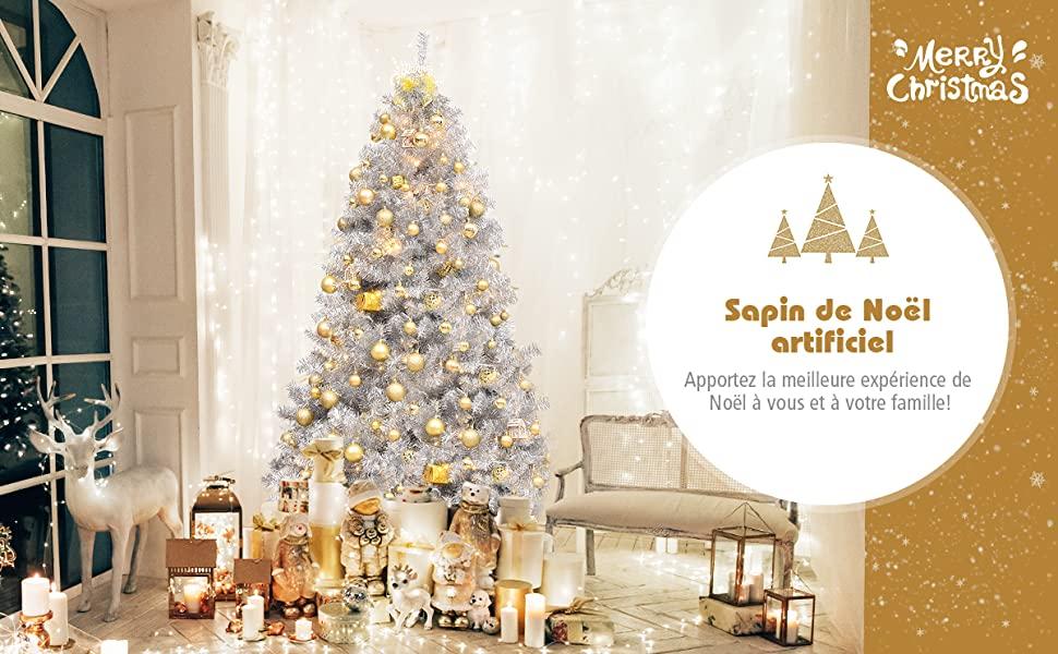 Arbre de Noel Artificiel 180 CM avec 1036 Branches Sapin Argentee Artificile Support Metallique