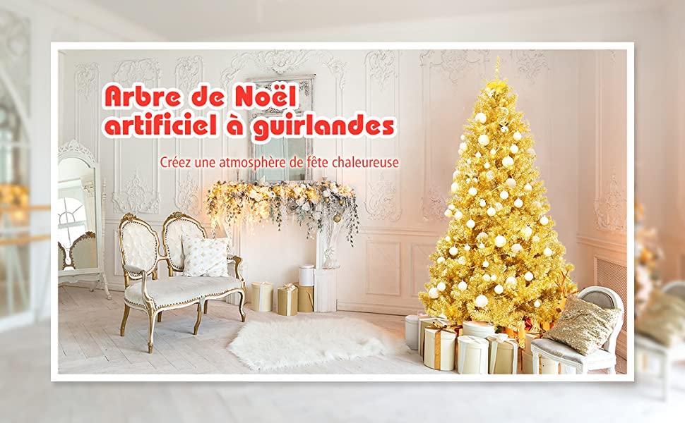 Arbre de Noel Artificiel 180cm Coloris Champagne Dore Traitement Electro-galvanisation Support Metallique Decoration de Fête