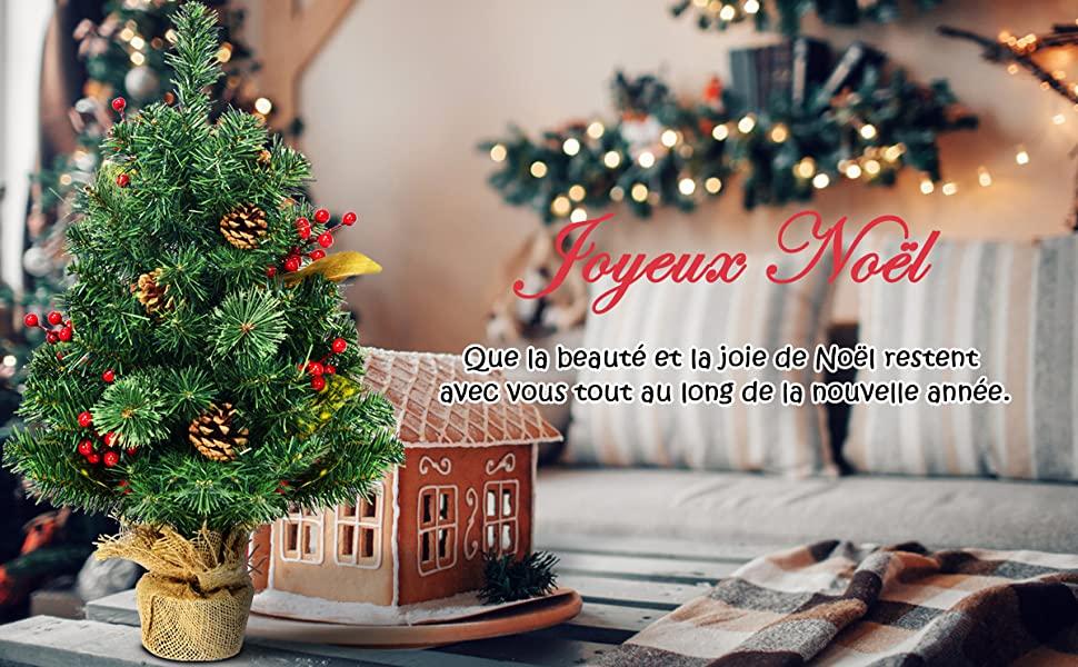 Mini Arbre de Noel Artificiel de Table H60CM en PVC avec 34 Branches Base de Ciment en Toile de Jute