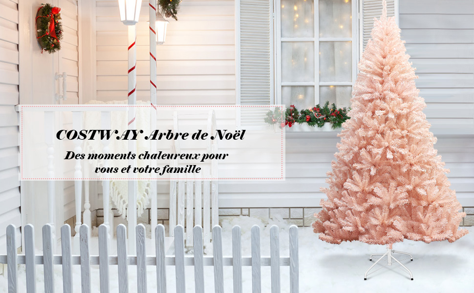 Arbre de Noël Artificiel 180 cm Aiguilles en PVC 617 Branches Support Metallique Solide Rose