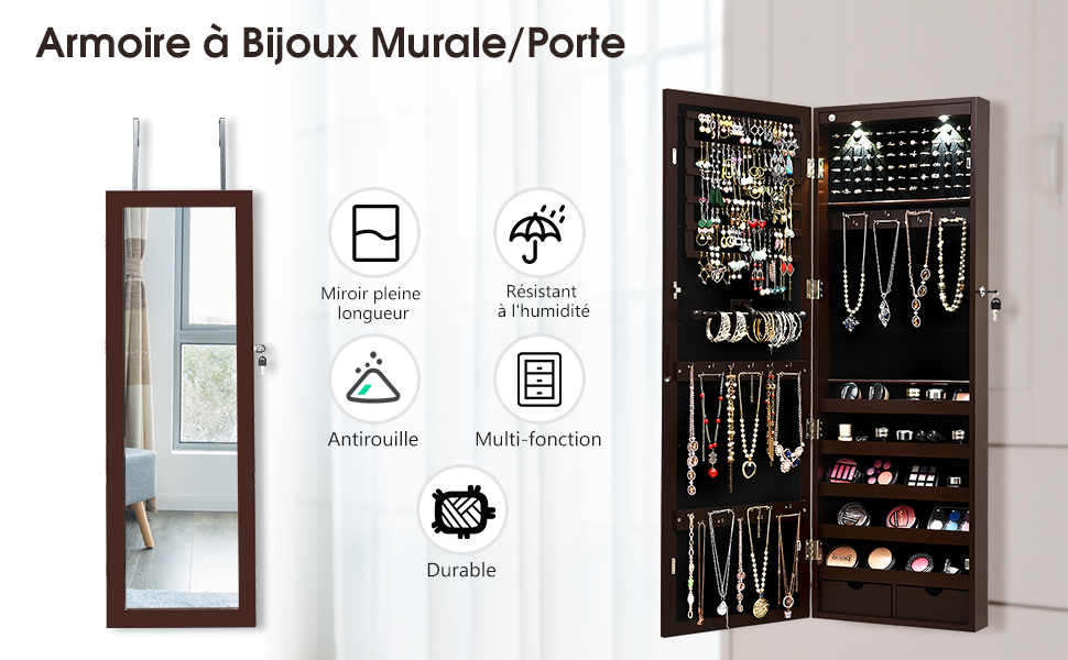  Armoire a Bijoux avec LED Dedans Crochets Miroir et Tiroirs pour Maquillage Quotidien et Bijoux 37 x 9,5 x108 cm Brun