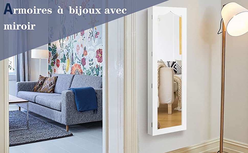 Armoire a Bijoux Murale LED avec Miroir 6 Tiroirs Hauteur du Crochet Ajustable 120x36,5x11,5CM