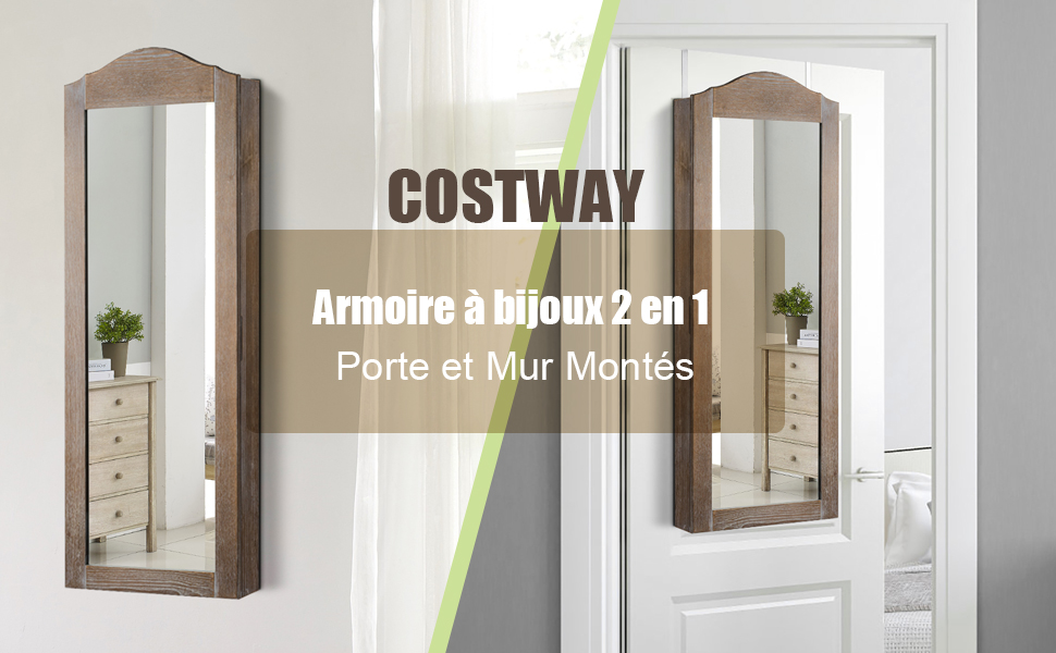  Armoire a Bijoux Murale / Accrochable 35 x 9 x 96 CM avec Miroir de Porte & Rangement Interieur Marron