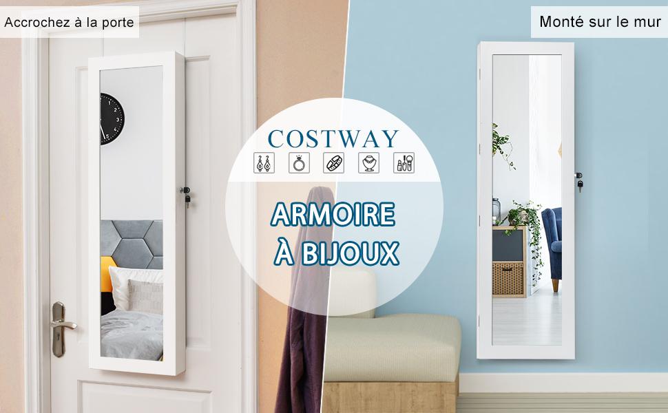 Armoire a Bijoux Mural avec LED Integre avec 2 Serrure 2 Tiroirs 1 Tringle Blanc 37 x 9,6 x 120 CM