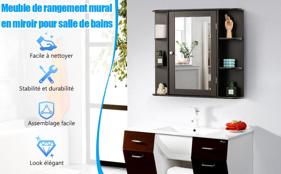 Meuble Mural Salle de Bain Armoire avec Miroir Rangement de Toilette avec Porte et 6 Etageres 65 x 17 x 64 cm Marron